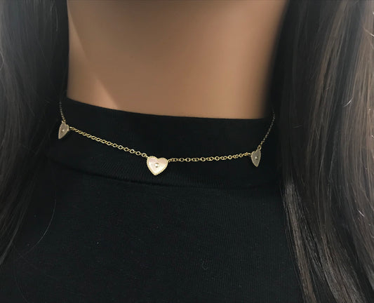 Gold Plated Sterling Silver Mother of Pearl Three Heart Necklace