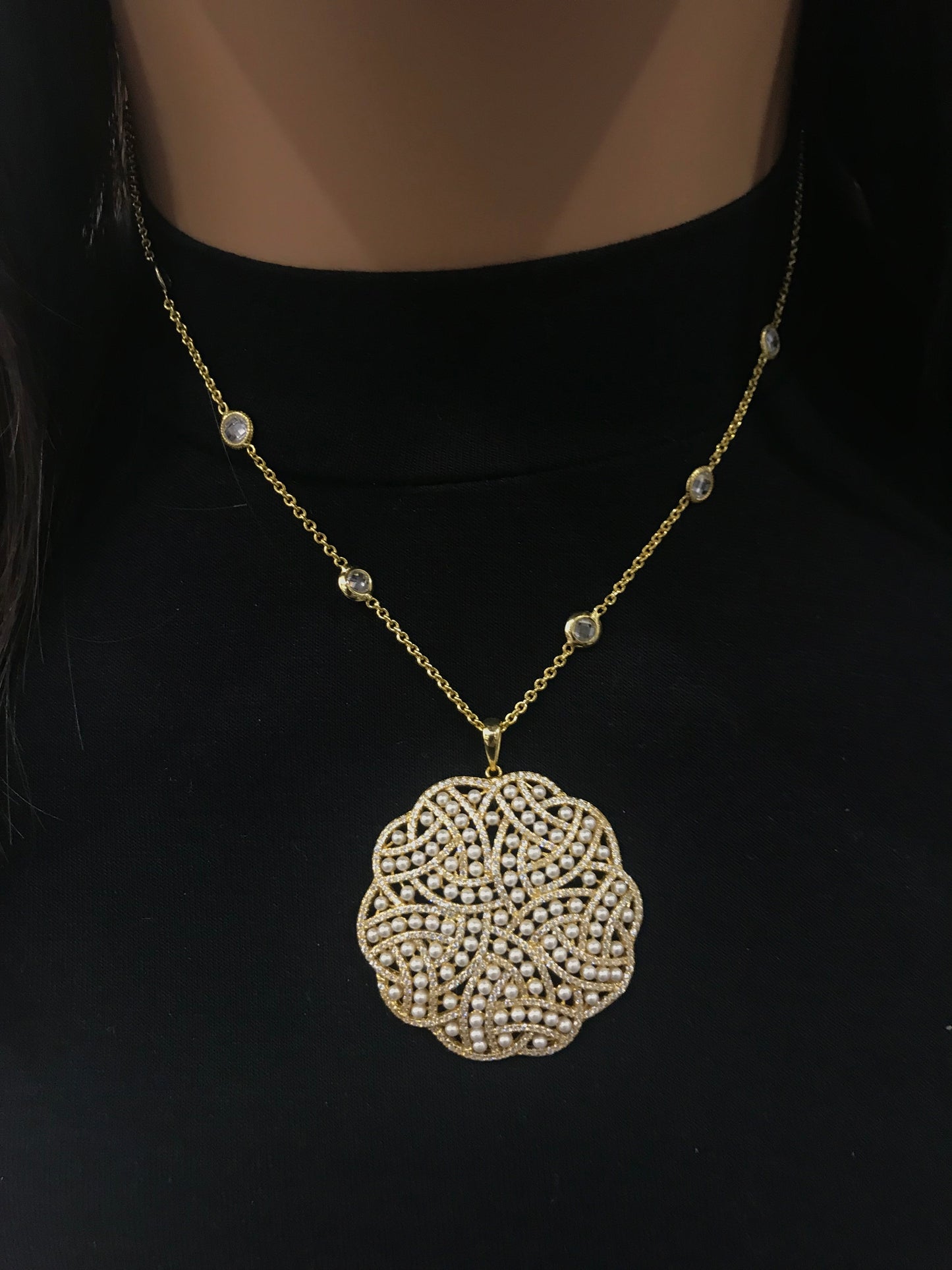 Gold Plated Sterling Silver Elegant Design Pearl and Micropave CZ Pendant Necklace