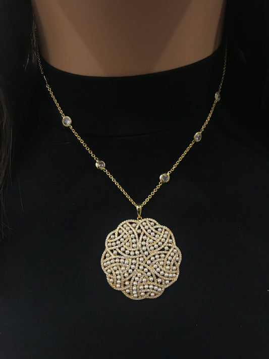 Gold Plated Sterling Silver Elegant Design Pearl and Micropave CZ Pendant Necklace