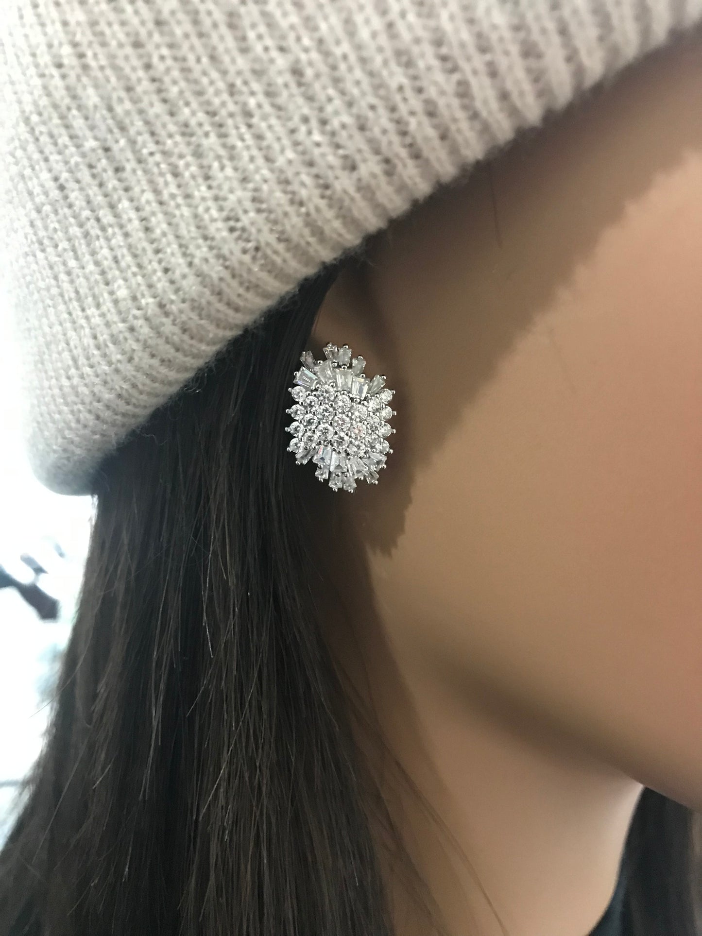 Rhodium Plated Sterling Silver Round and Baguette CZ Cluster Stud Earrings