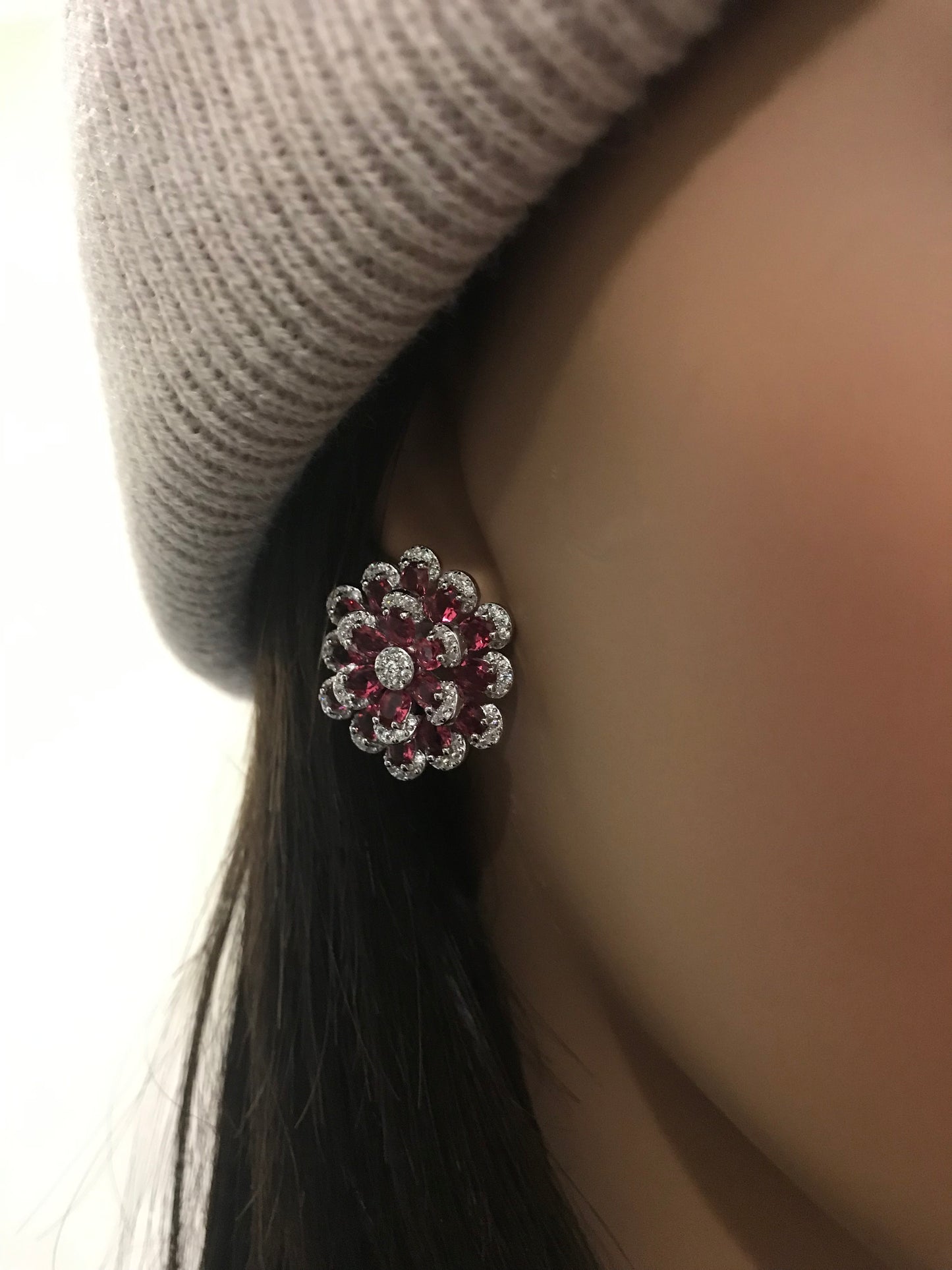 Rhodium Plated Sterling Silver Colorful Multi-Petal Flower and Micropave Stud Earrings