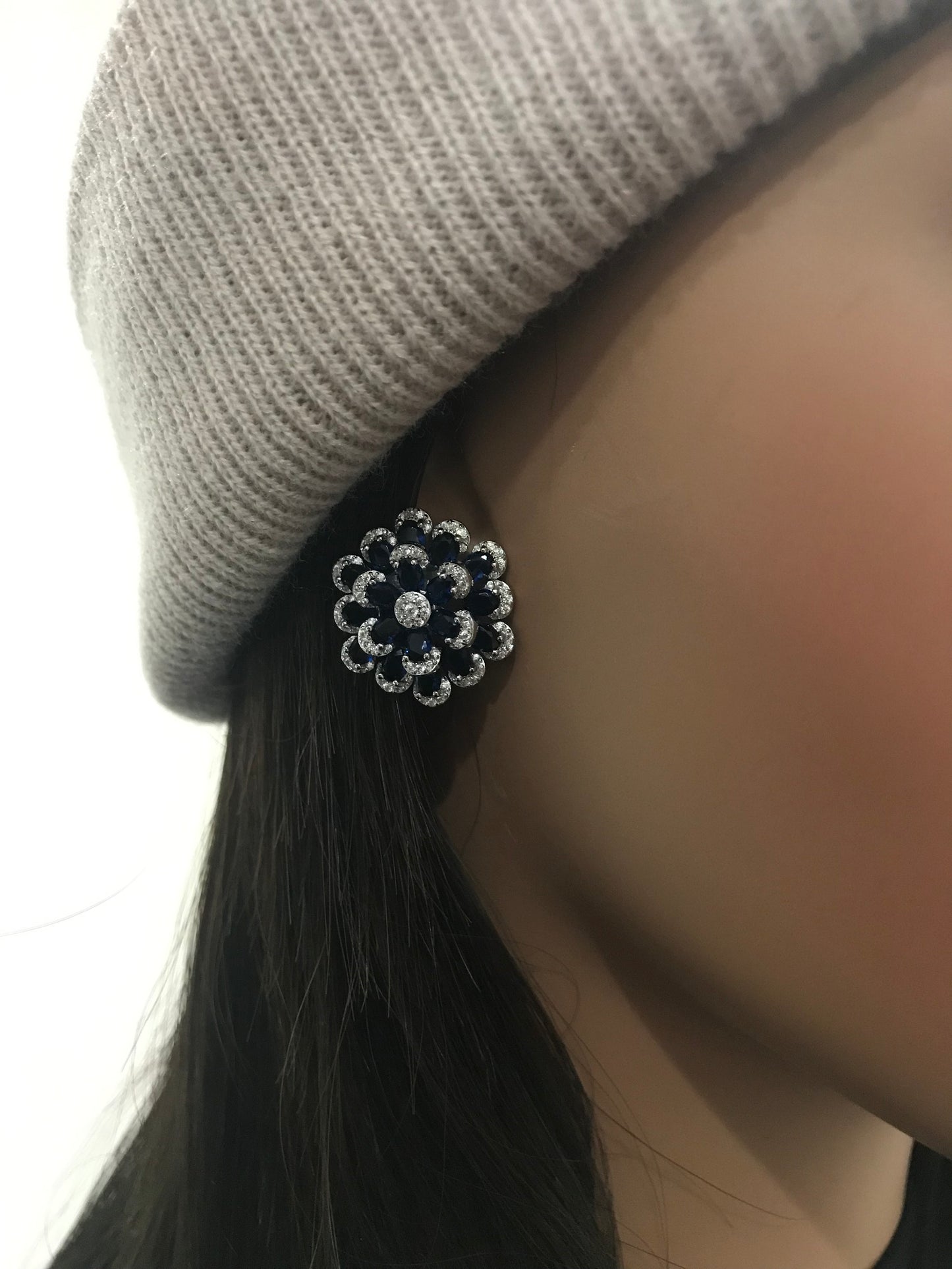 Rhodium Plated Sterling Silver Colorful Multi-Petal Flower and Micropave Stud Earrings