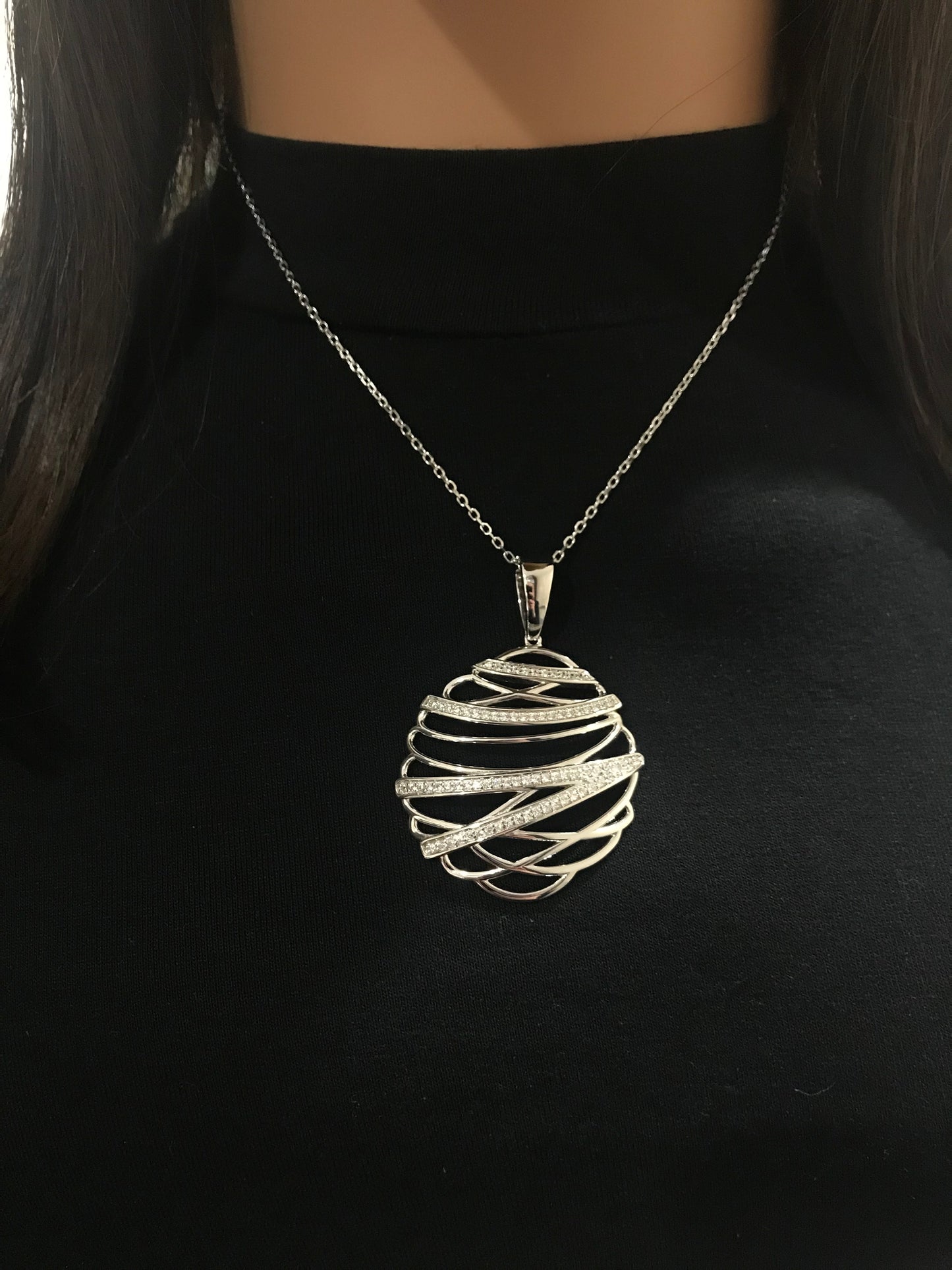 Sterling Silver Overlapping Curved Lines Micropave  Pendant Necklace