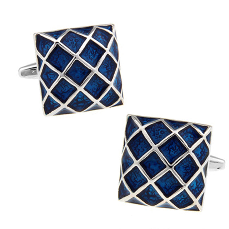 Silver Color Square Cufflinks with Blue Enamel Checkered Design