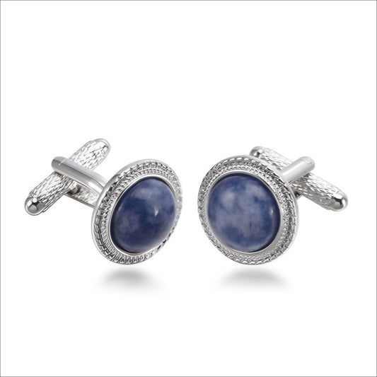 Silver Color Round Cufflinks with Blue Sodalite Stones