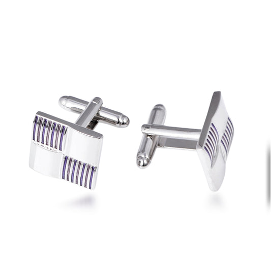 Shiny Silver Color and Purple Striped Squares Cufflinks