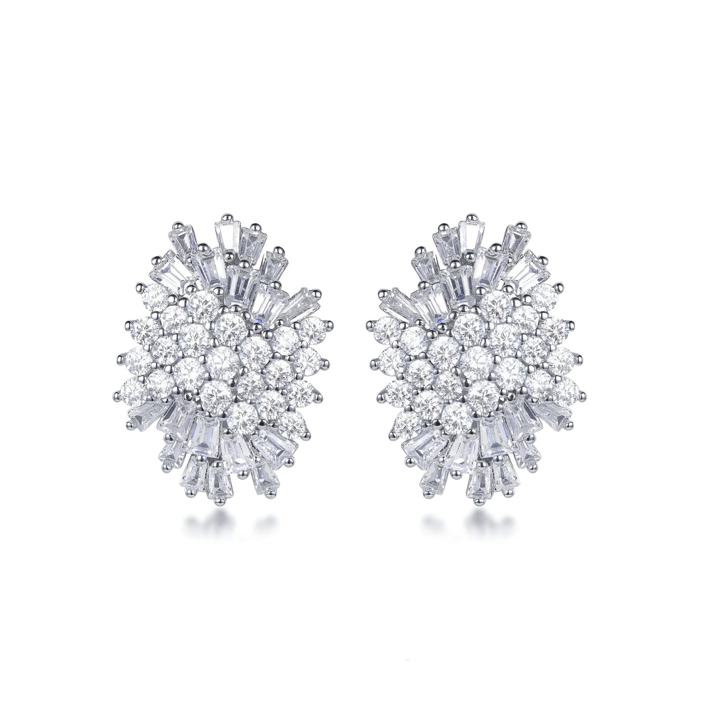 Rhodium Plated Sterling Silver Round and Baguette CZ Cluster Stud Earrings