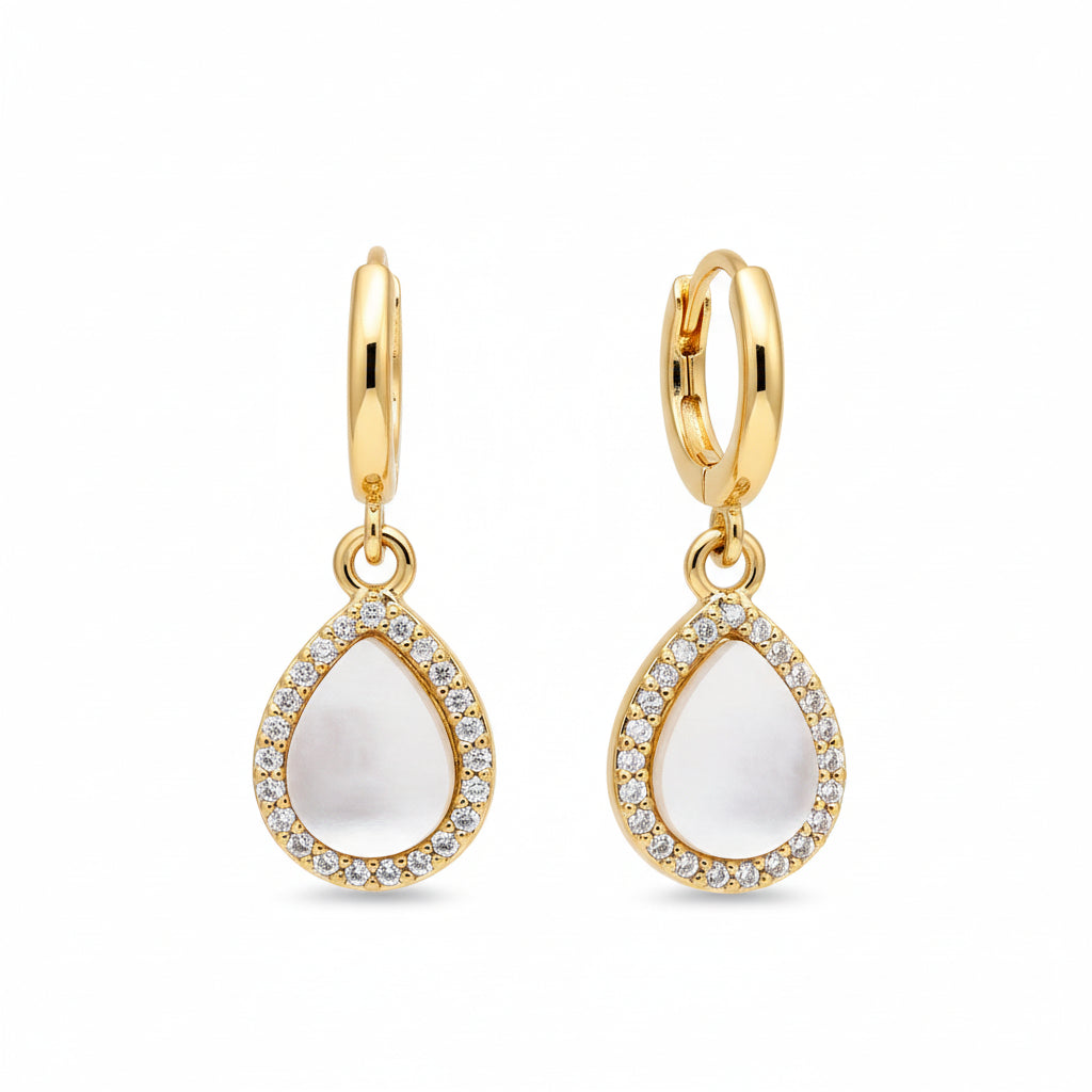 Surgical Steel Mother of Pearl Teardrop Shaped Earrings with CZ Border