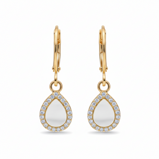 Surgical Steel Mother of Pearl Teardrop Shaped Earrings with CZ Border