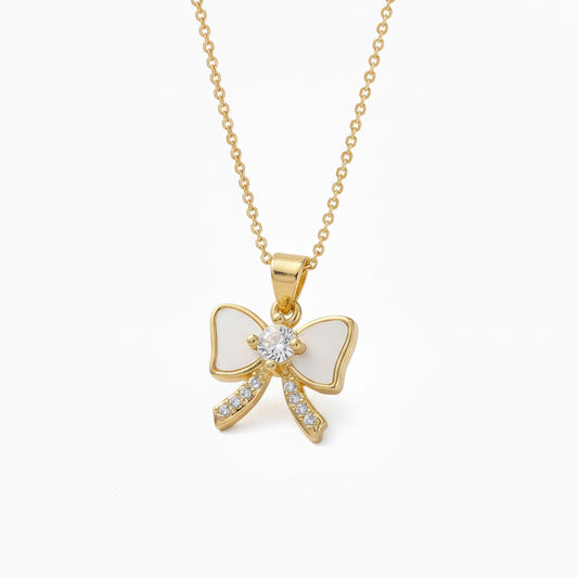 Gold Plated Shell Pearl and CZ Bowknot Pendant Necklace