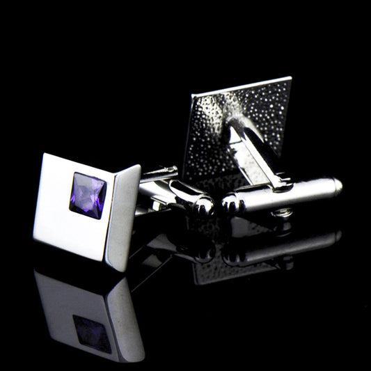 Silver Color Square Cufflinks with Purple Stone