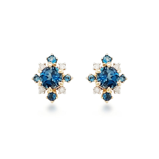 14K Gold Diamond with Light Blue Topaz Stones Stud Earrings
