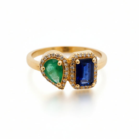 14K Gold Sapphire, Emerald, and Diamond Shape Ring