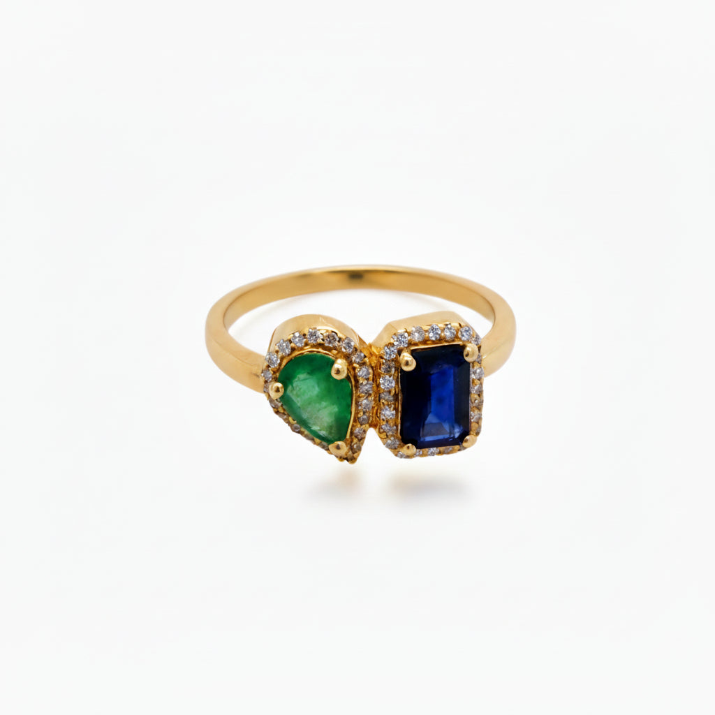 14K Gold Sapphire, Emerald, and Diamond Shape Ring