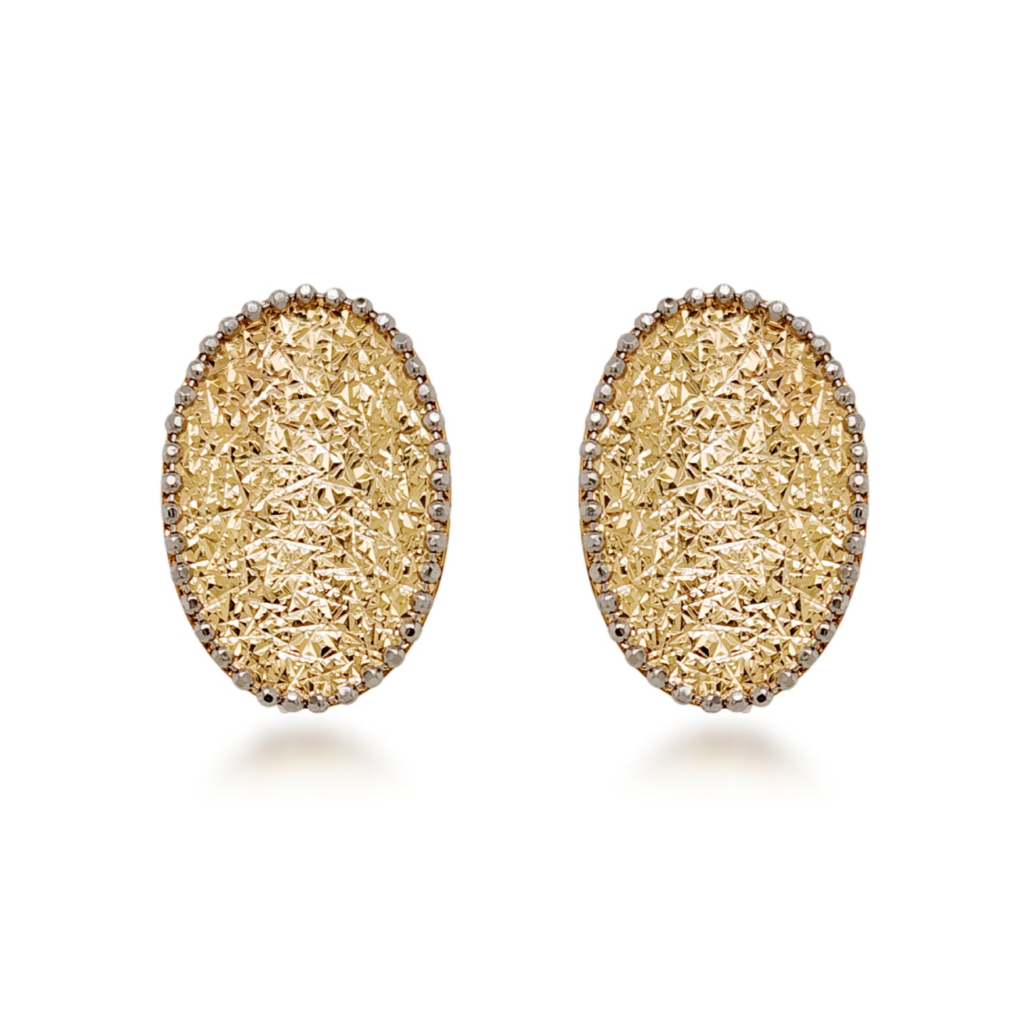 14K Gold Hammered Oval Diamond Cut Stud Earrings