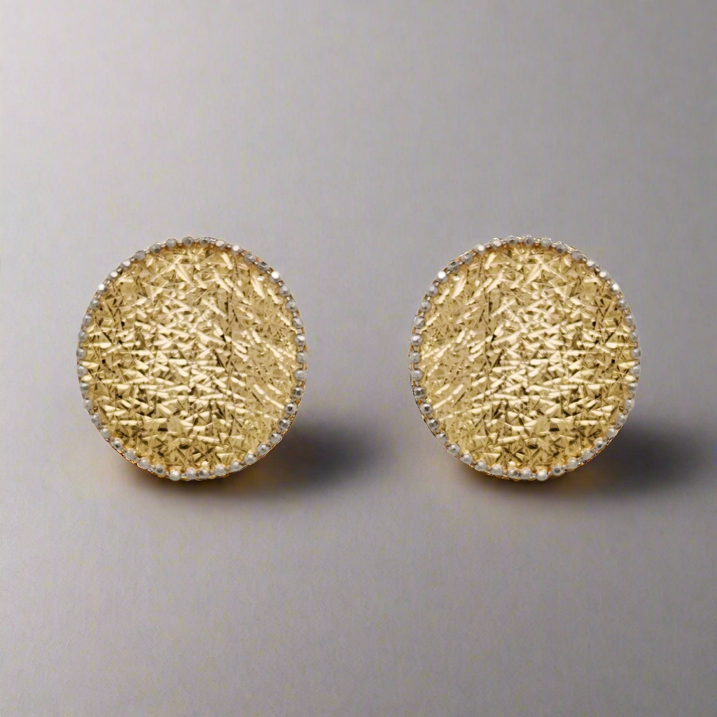 14K Gold Hammered Large Round Diamond Cut Stud Earrings