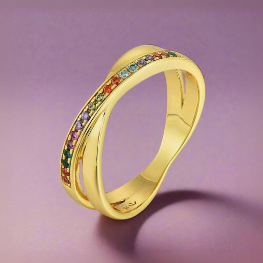 Gold Plated Sterling Silver Micropave Crossover Multicolor CZ Ring