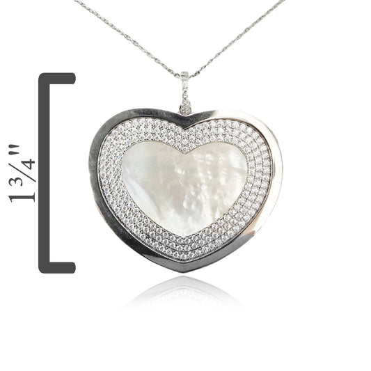 Sterling Silver Large Mother of Pearl Heart CZ Pendant Necklace