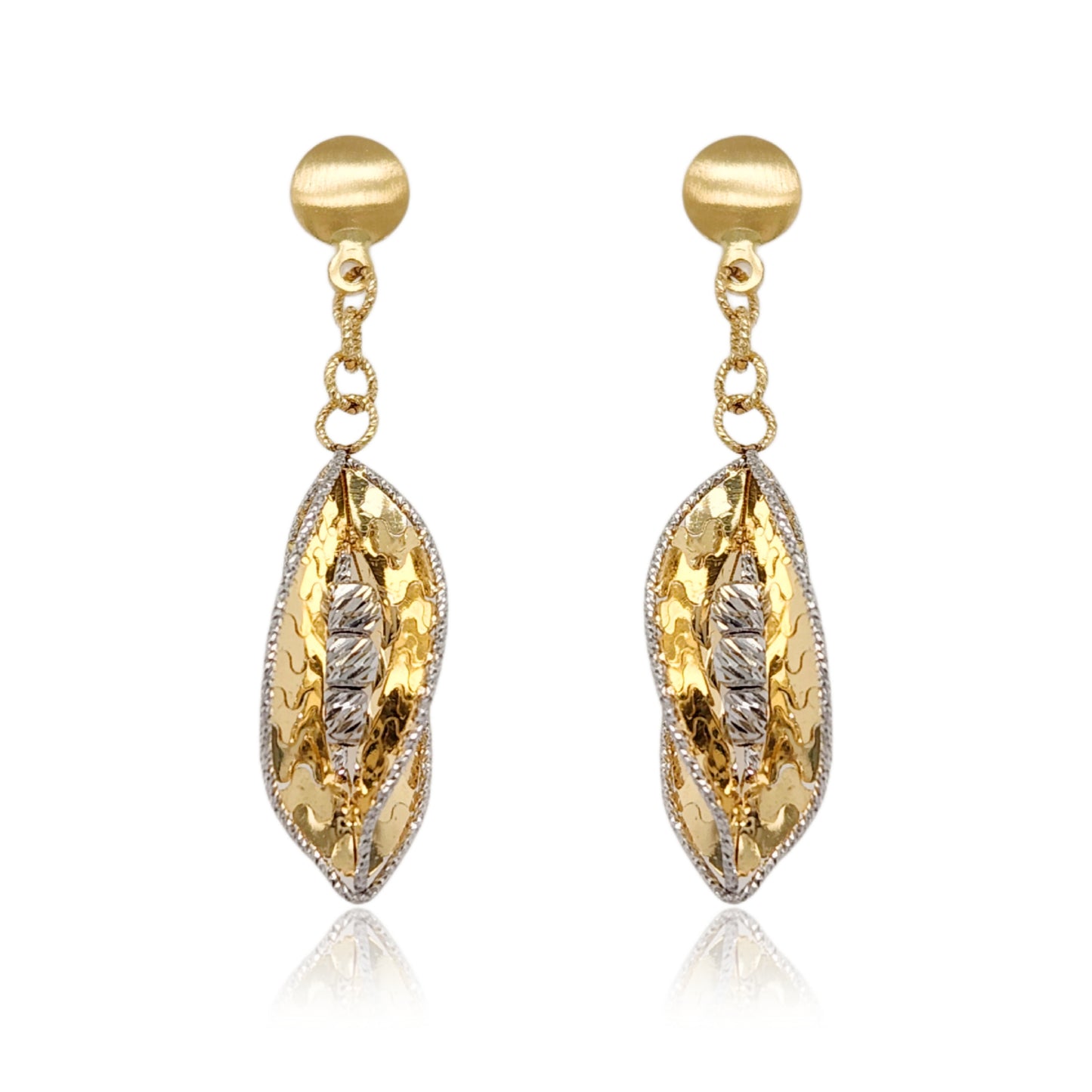 14K Gold Dangling Marquise Shape Swirl Diamond Cut Earrings