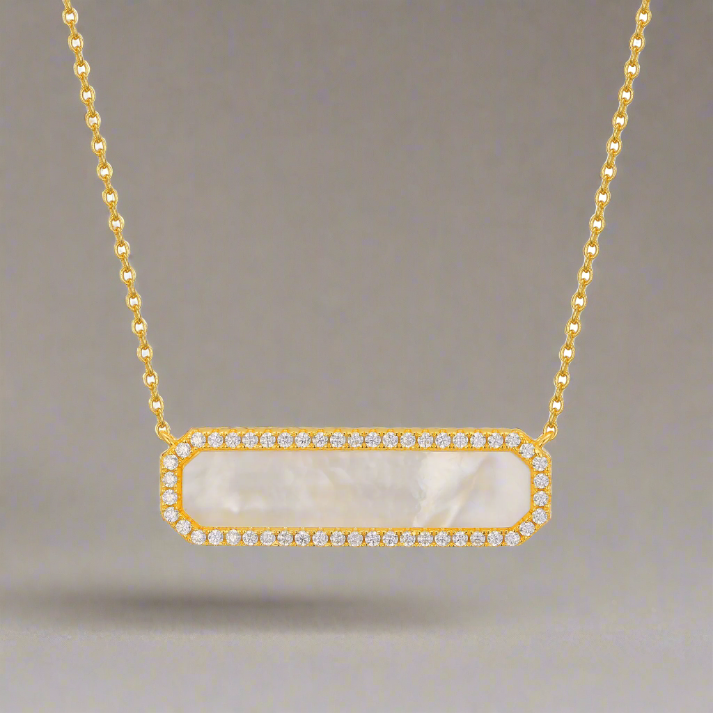 Sterling Silver CZ Border Mother of Pearl Bar Necklace