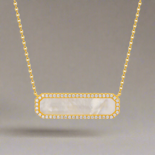 Sterling Silver CZ Border Mother of Pearl Bar Necklace