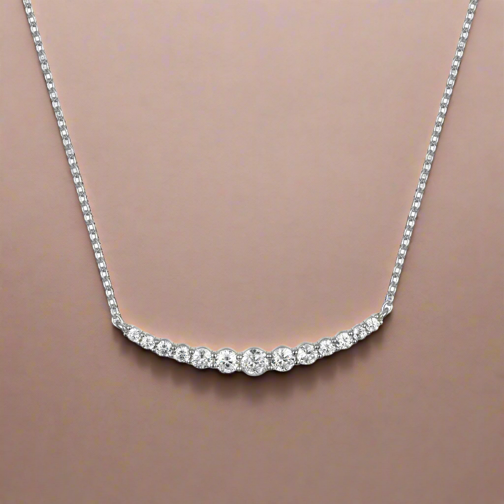 Sterling Silver 13 CZ Curved Bar Necklace
