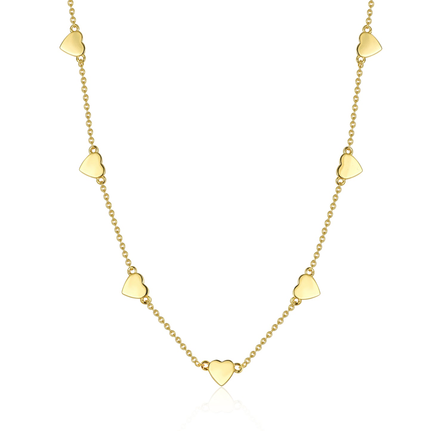 Gold Plated Sterling Silver Shiny Heart Station Necklace