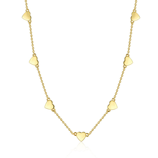 Gold Plated Sterling Silver Shiny Heart Station Necklace