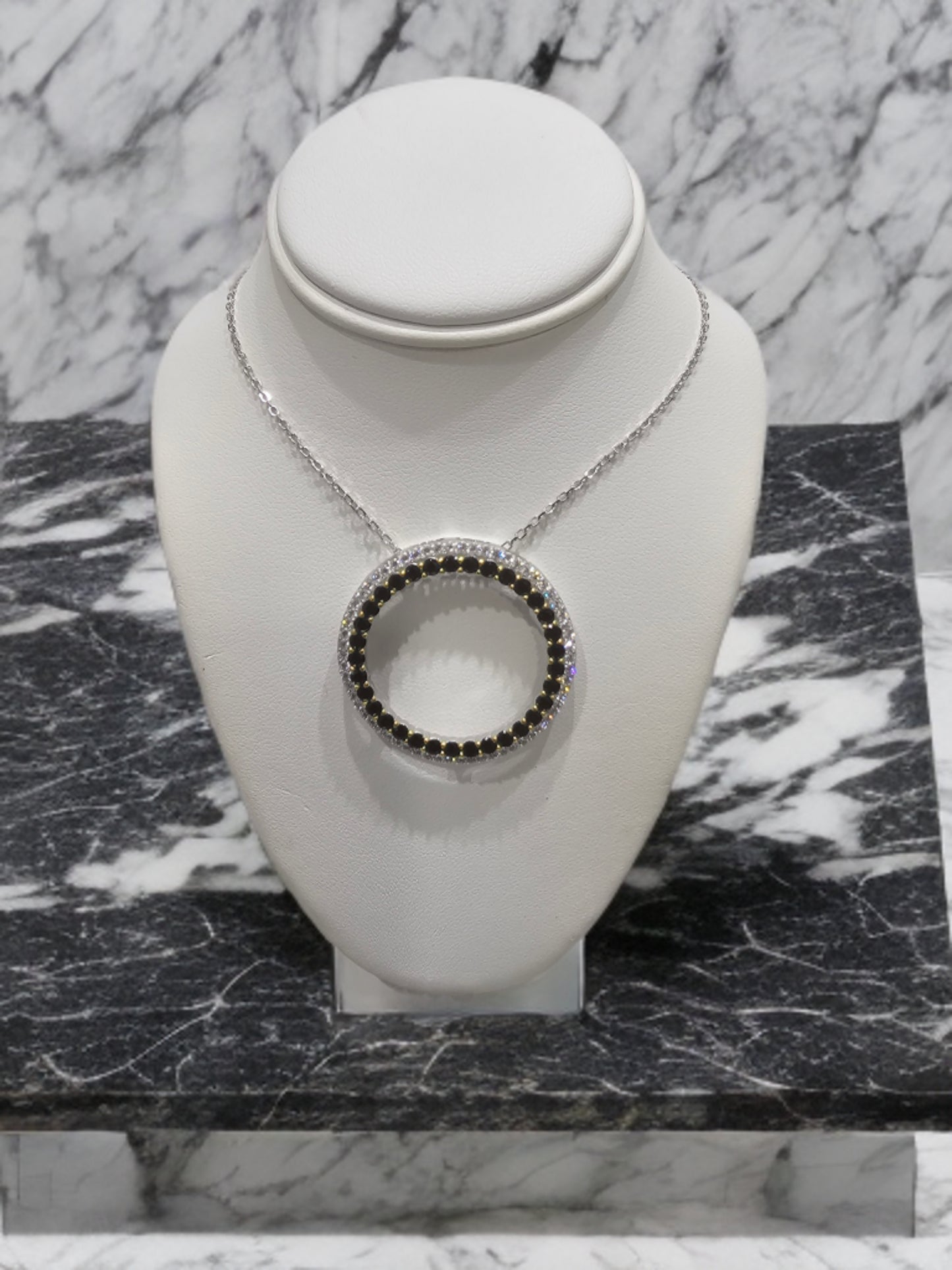 Sterling Silver Two Tone Pendant Necklace With Clear and Colored Stone On Diamond Cut Chain