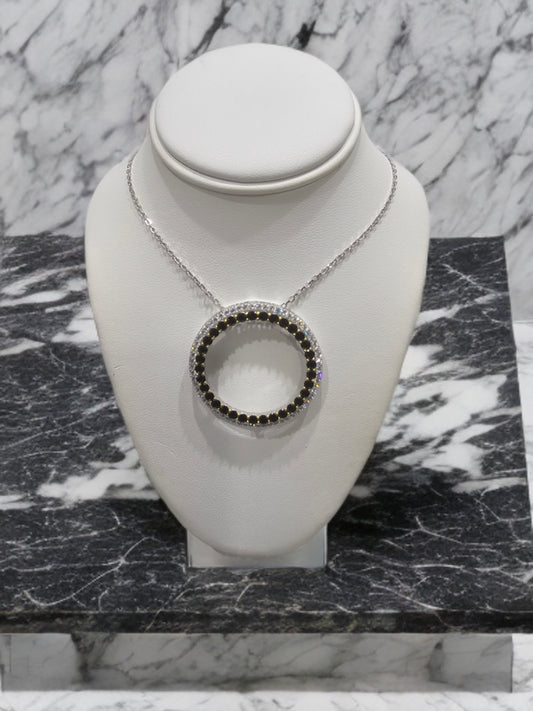 Sterling Silver Two Tone Pendant Necklace With Clear and Colored Stone On Diamond Cut Chain