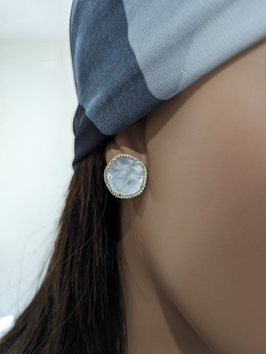 Gold-Plated Sterling Silver CZ Border With Mother of Pearl Natural Shape Stud Earrings