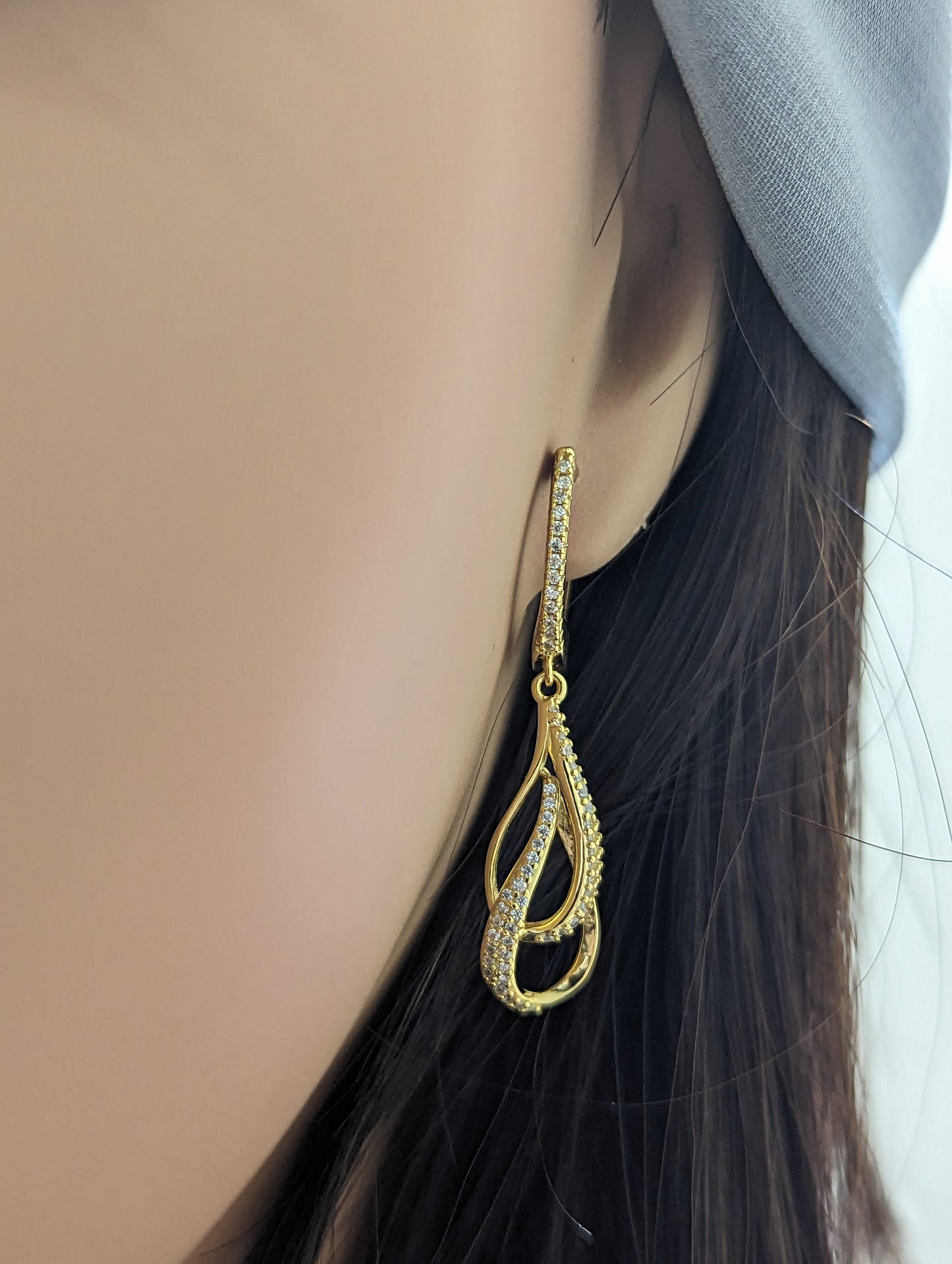 Sterling Silver Double Leaf on English Back Micropave Link Earrings