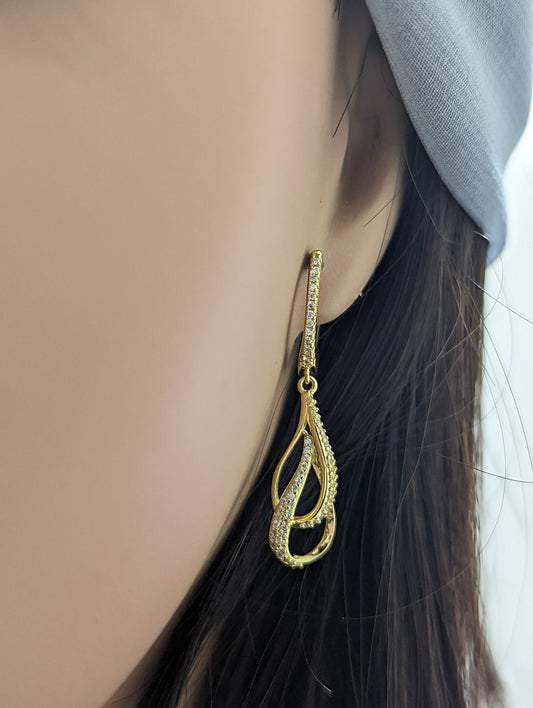 Sterling Silver Double Leaf on English Back Micropave Link Earrings