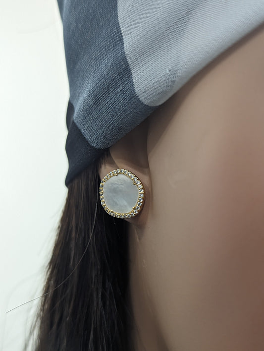 Gold-Plated Surgical Steel CZ Border With Mother of Pearl Natural Shape Stud Earrings