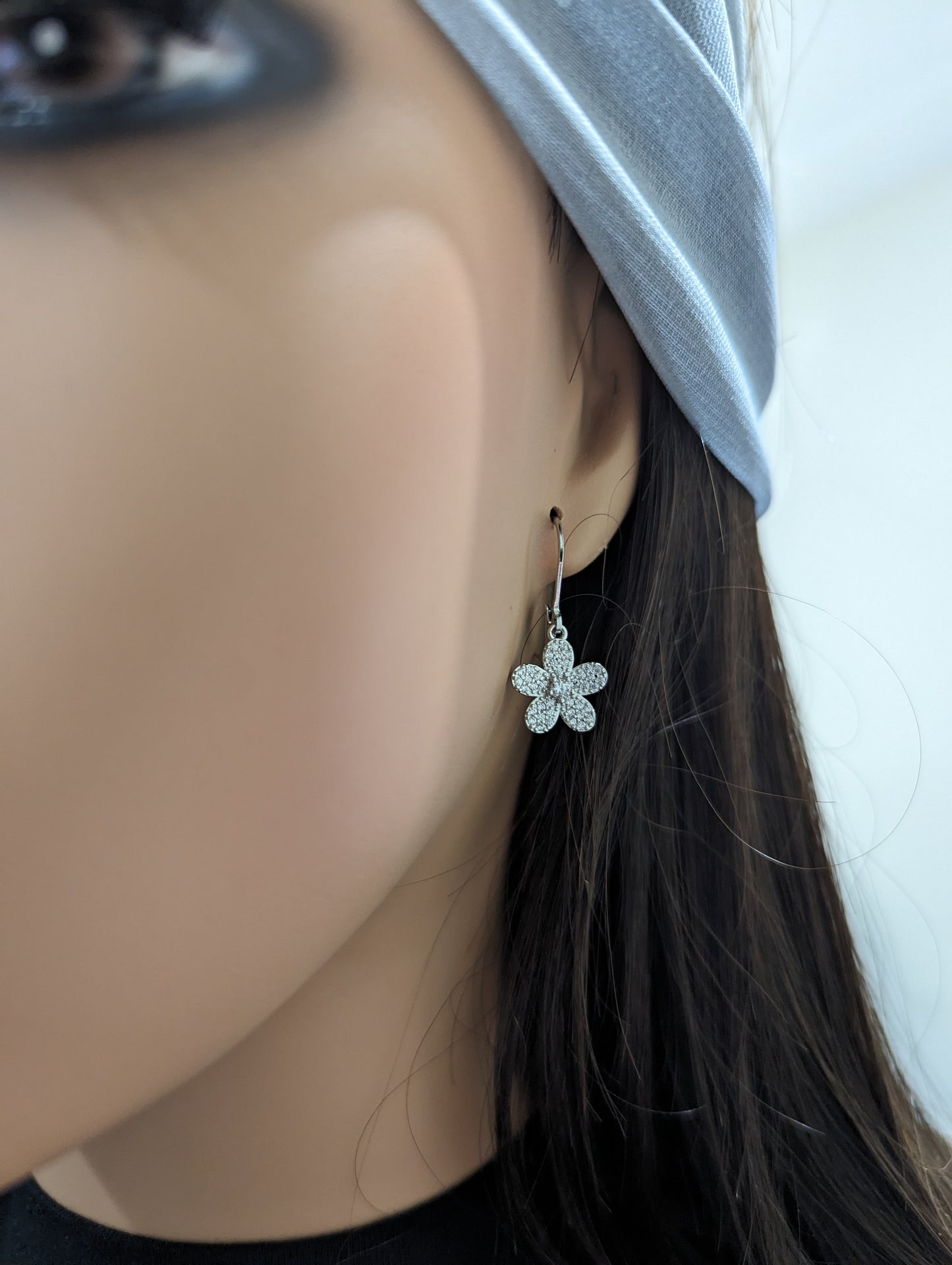 Surgical Steel 5 Petal Micropave Flower Stud Earrings