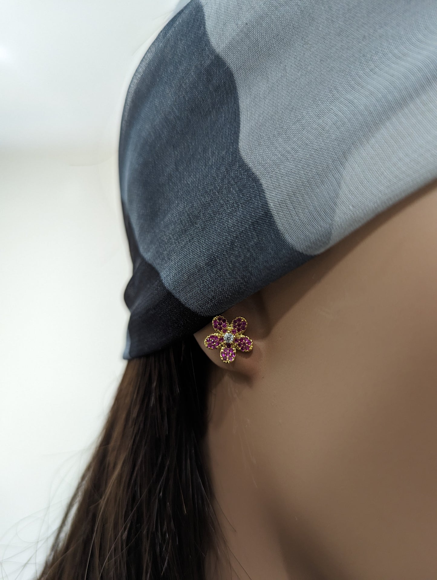 Surgical Steel 5 Petal Micropave Flower Stud Earrings