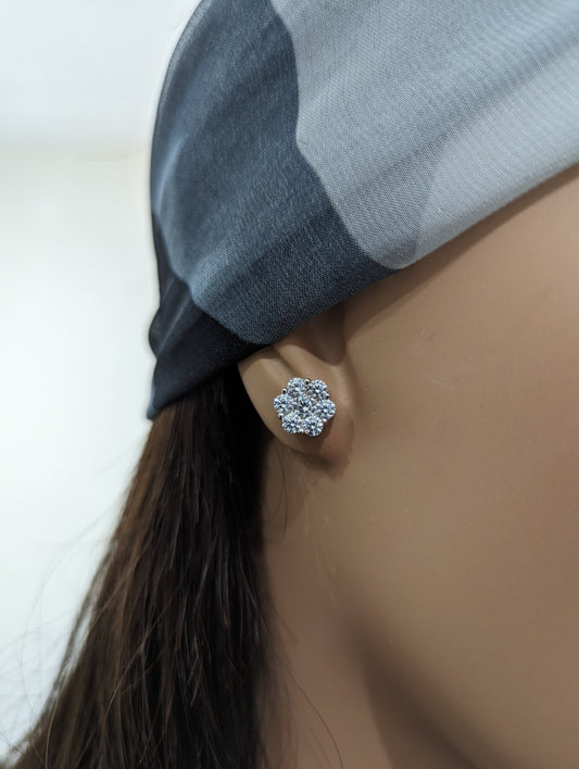 Rhodium Plated Sterling Silver 7 Stone CZ Cluster Stud Earring