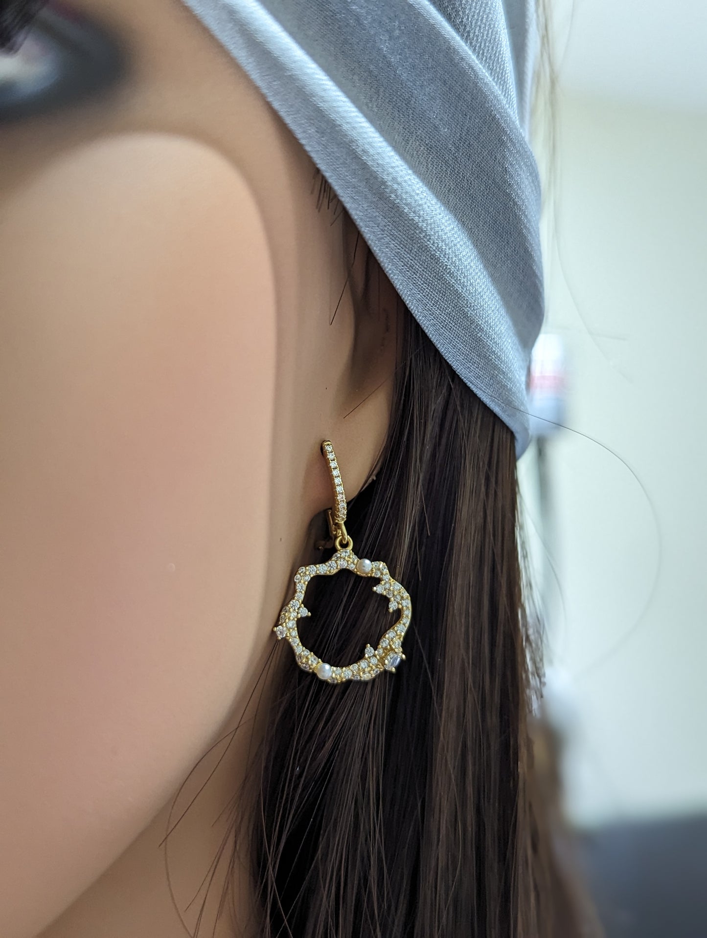 Sterling Silver Sprinkled CZ and Pearl Circle Earrings