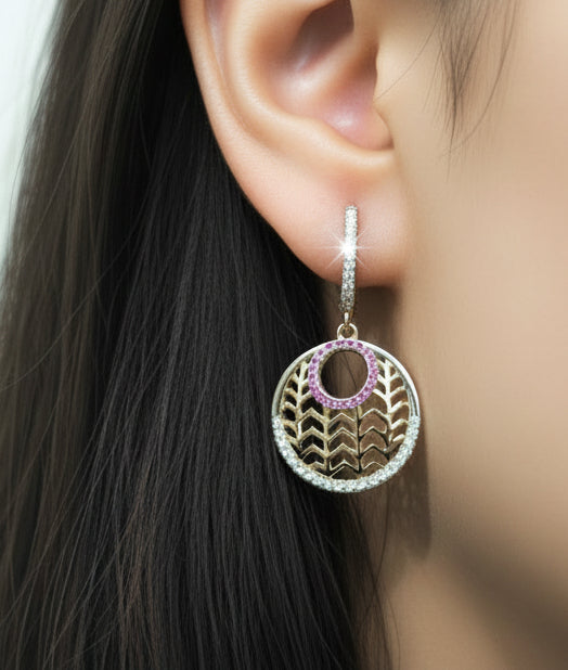 Sterling Silver Gold Plated Circle With Clear and Ruby CZs Earring