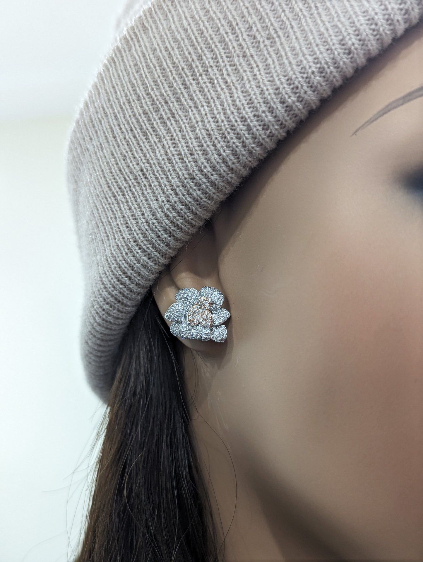 Sterling Silver Two Tone MicroPave Flower Stud Earrings