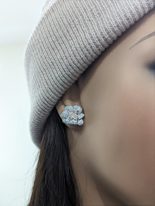 Sterling Silver Two Tone MicroPave Flower Stud Earrings