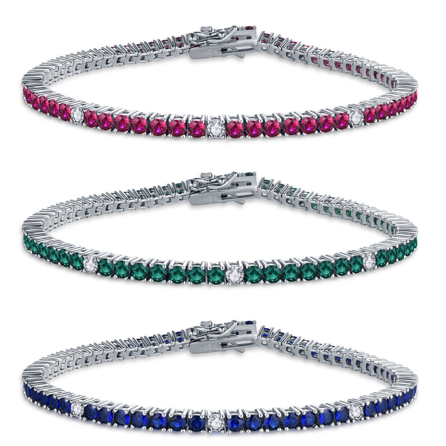 Sterling Silver Ruby, Emerald, Sapphire, or Black Colored CZ Stone Bracelet