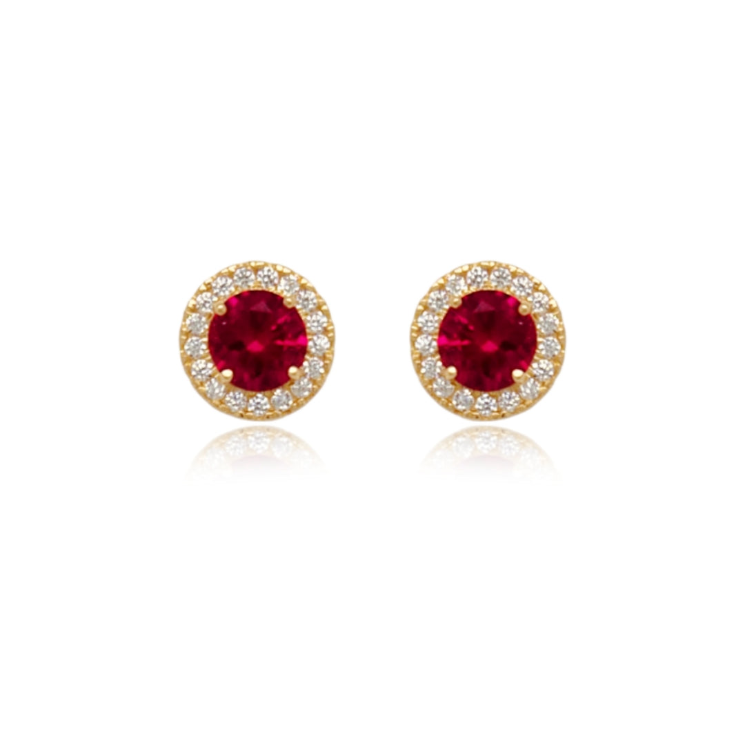 14k Gold Micropave Border with Color CZ Center Stud Earrings