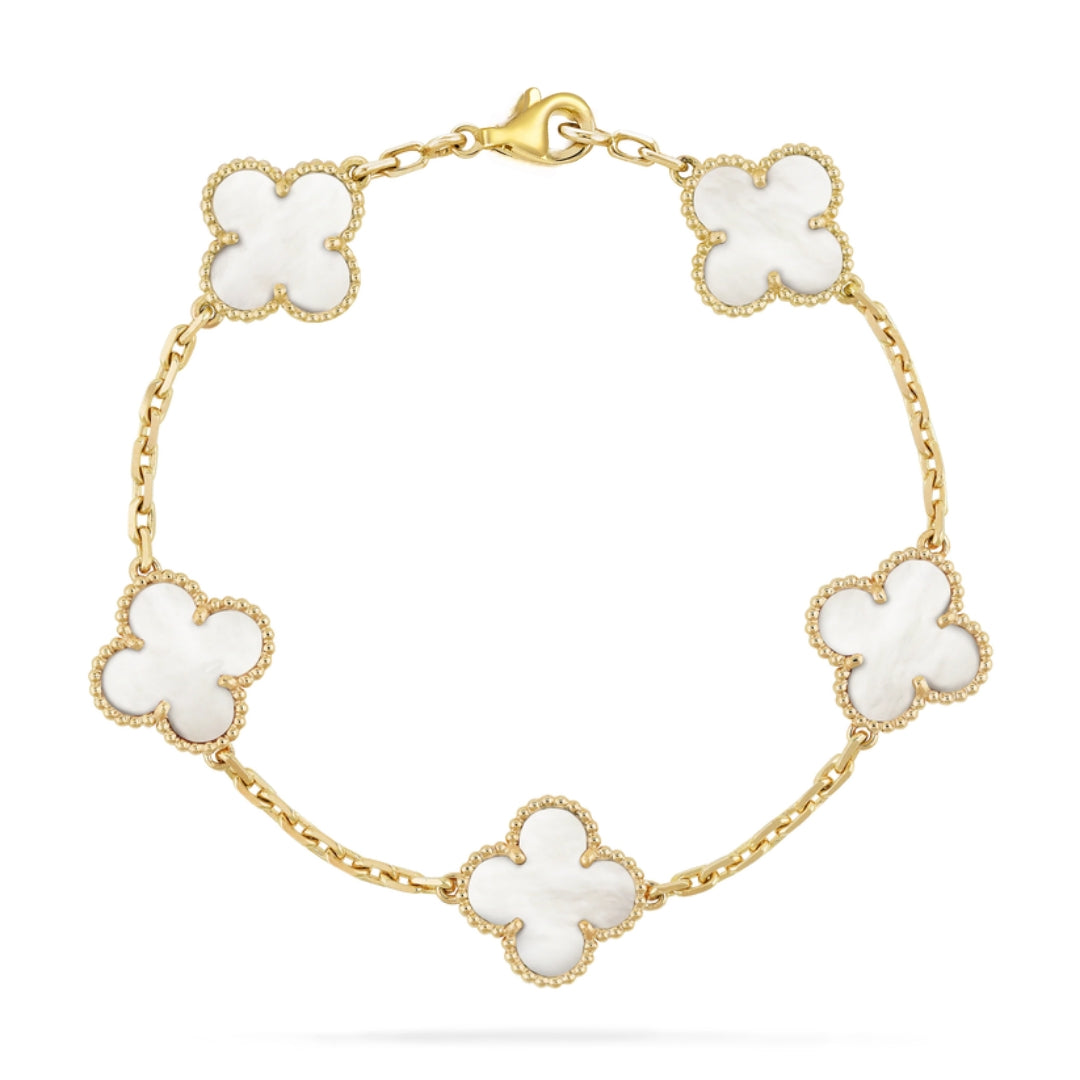14k Gold Mother of Pearl With Beaded Border Clover Bracelet