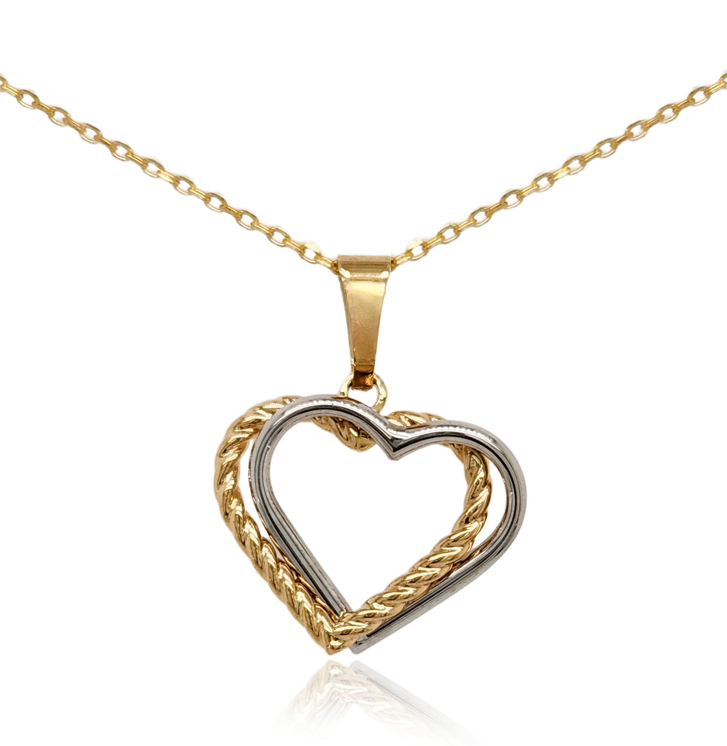 14k Gold Double Heart Two Tone Pendant Necklace