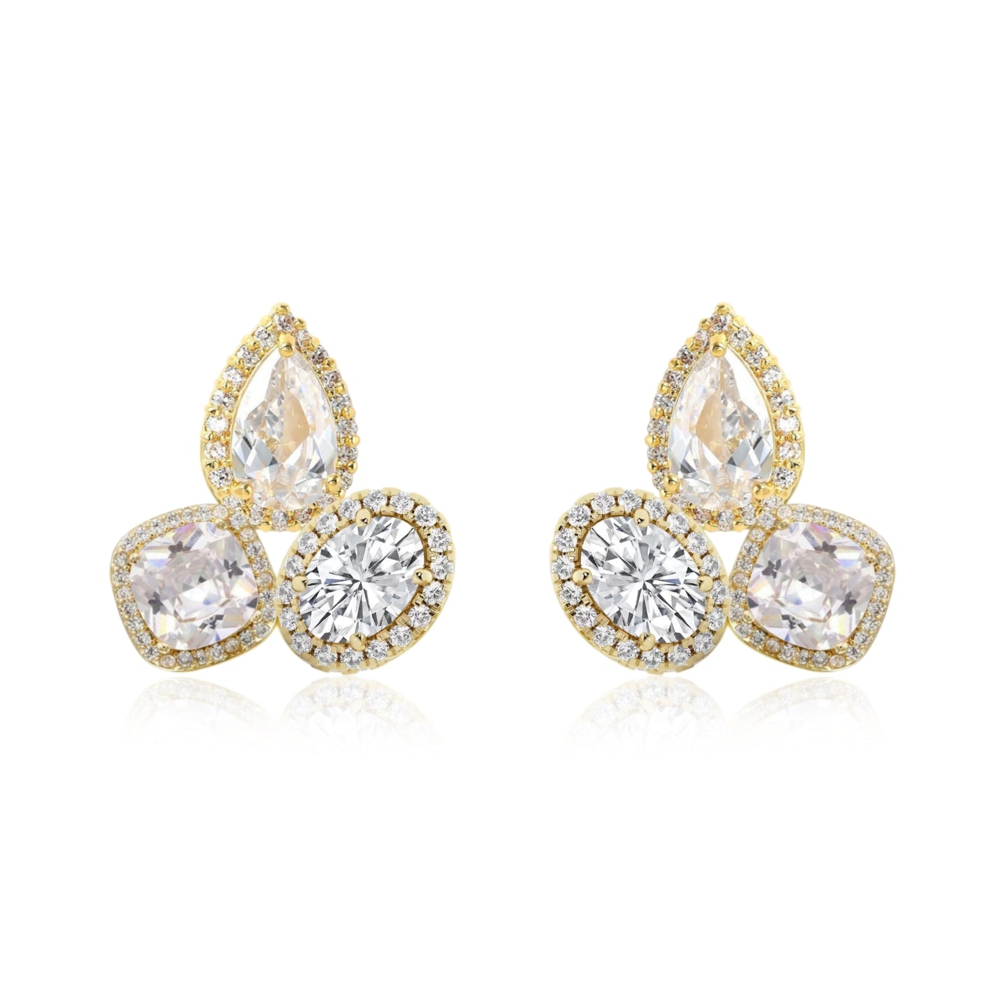 Sterling Silver CZ Halo Around Three Stone Stud Earring