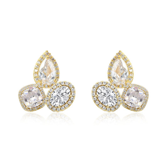 Sterling Silver CZ Halo Around Three Stone Stud Earring