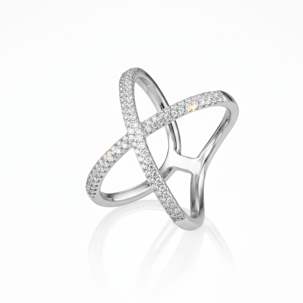 Sterling Silver Double Row CZ Crossover Elegant Ring