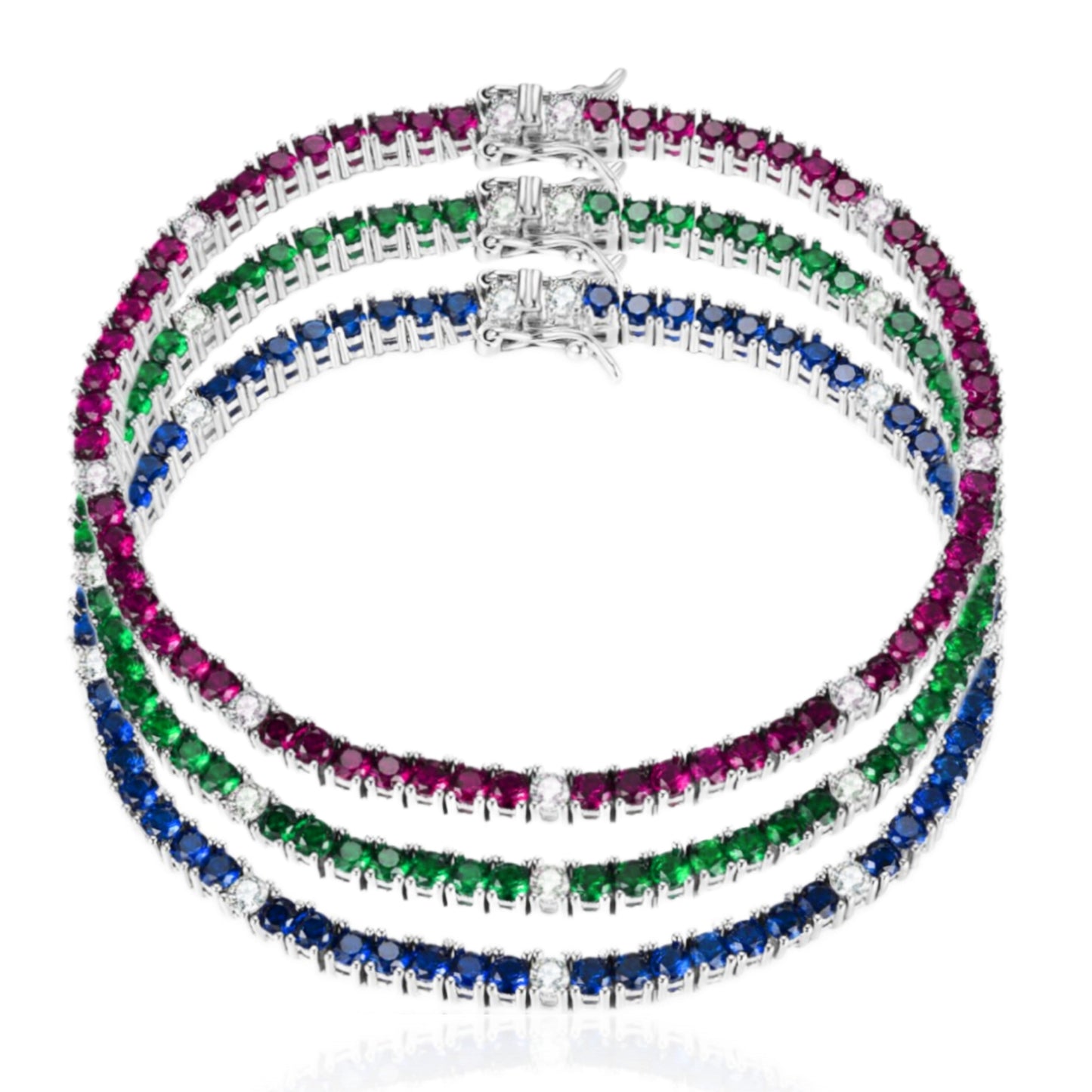 Sterling Silver Ruby, Emerald, and Sapphire Colored CZ Stone Bracelets - HK Jewels