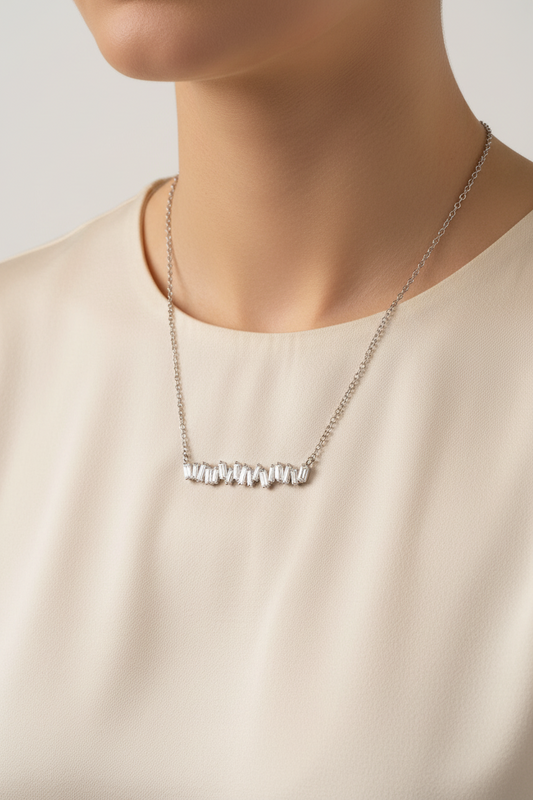 Sterling Silver CZ Baguette Bar Necklace